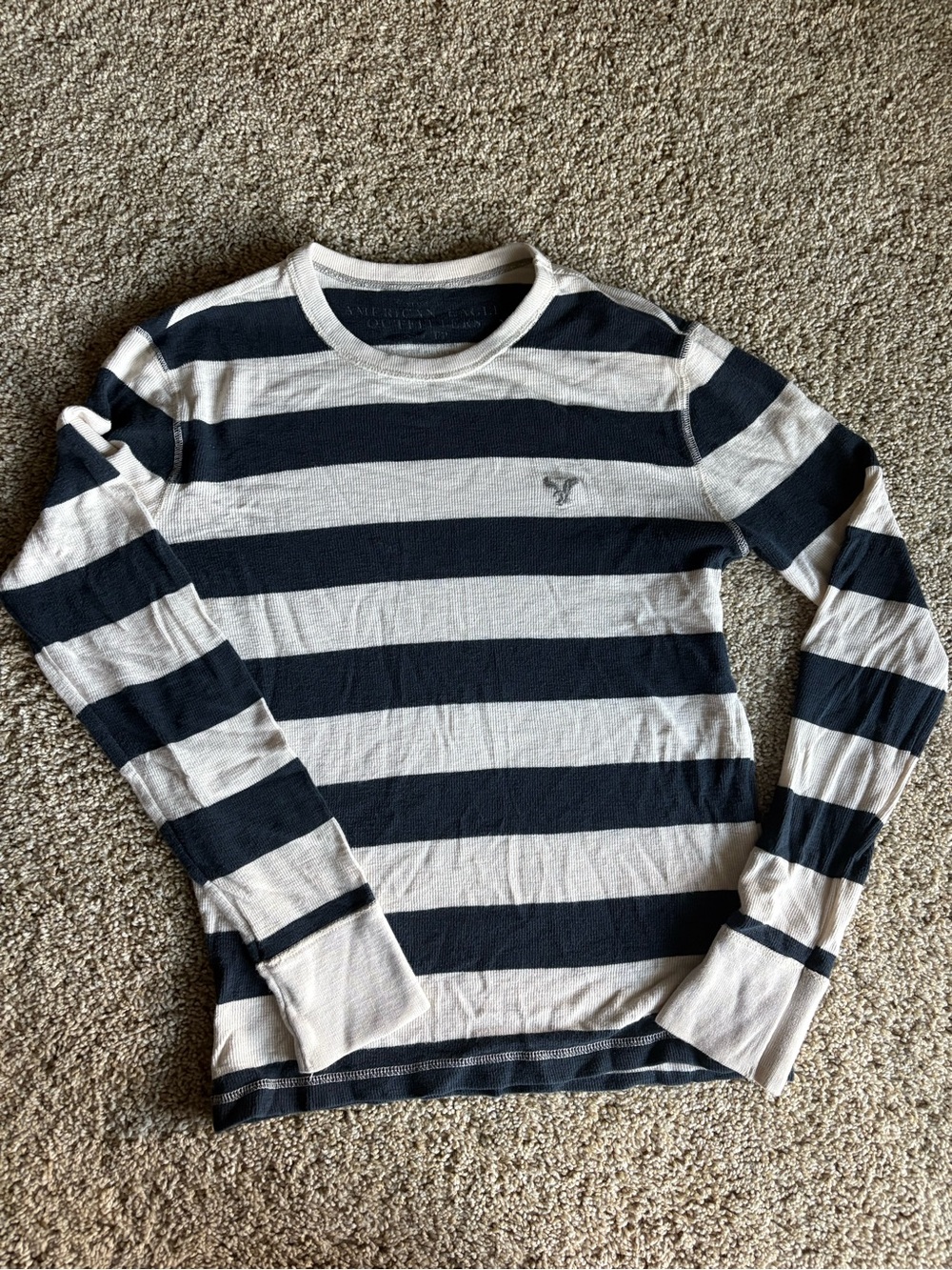 American Eagle Outfitters Navy and White Striped Long-Sleeve Crew